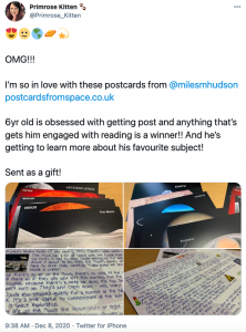 Primrose kitten's tweet about postcards from space
